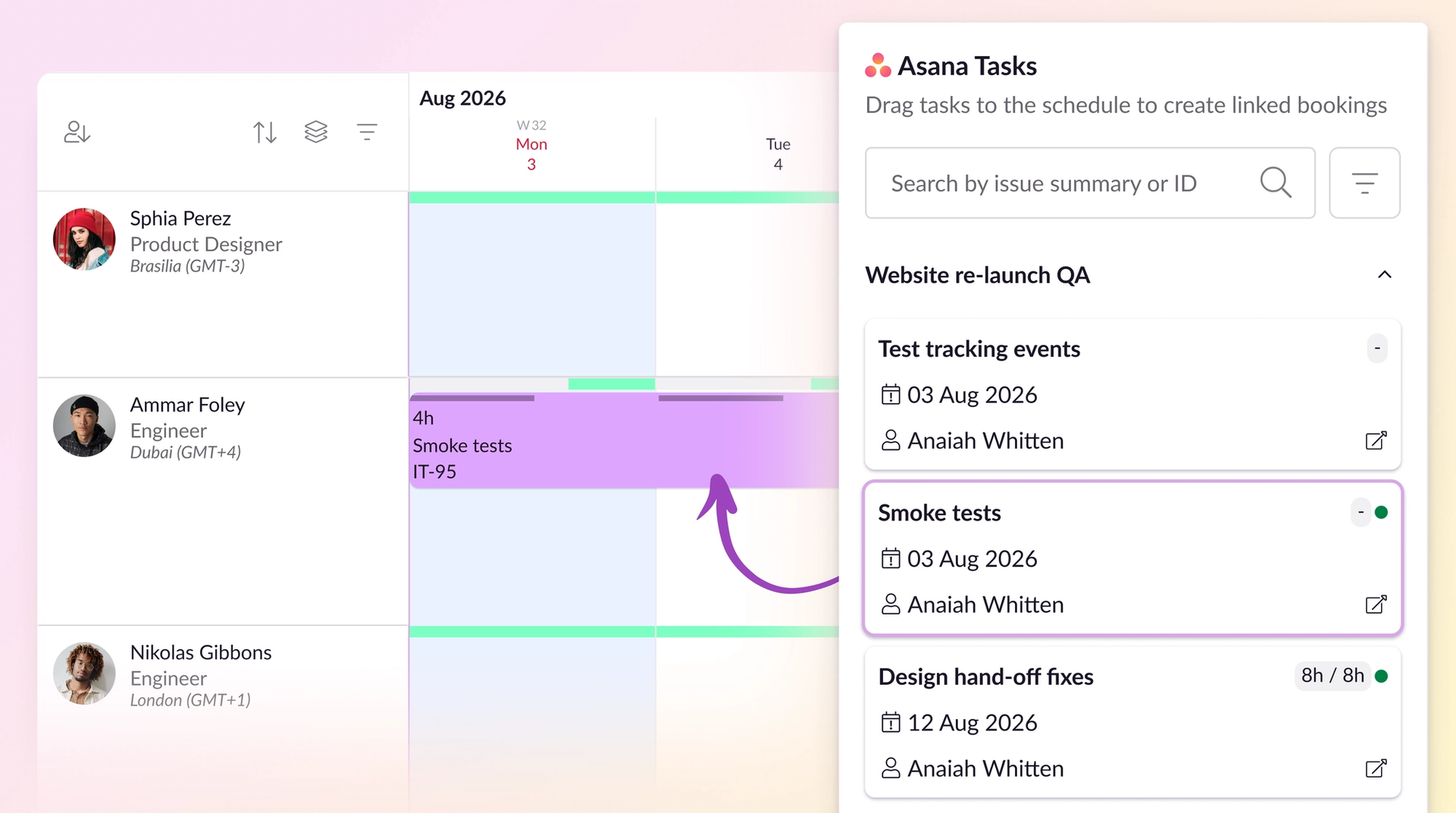 Example of dragging an Asana task onto the Resource Guru schedule to create an associated booking.